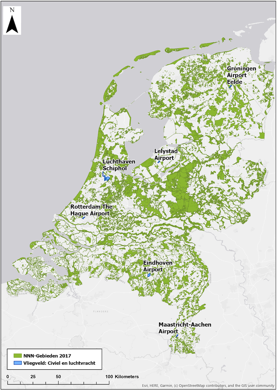 Natuur Netwerk Nederland en locaties van vliegvelden